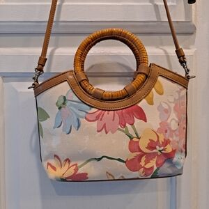 Fossil Floral Canvas Shoulder Bag with Tan Trim and Rattan Handles